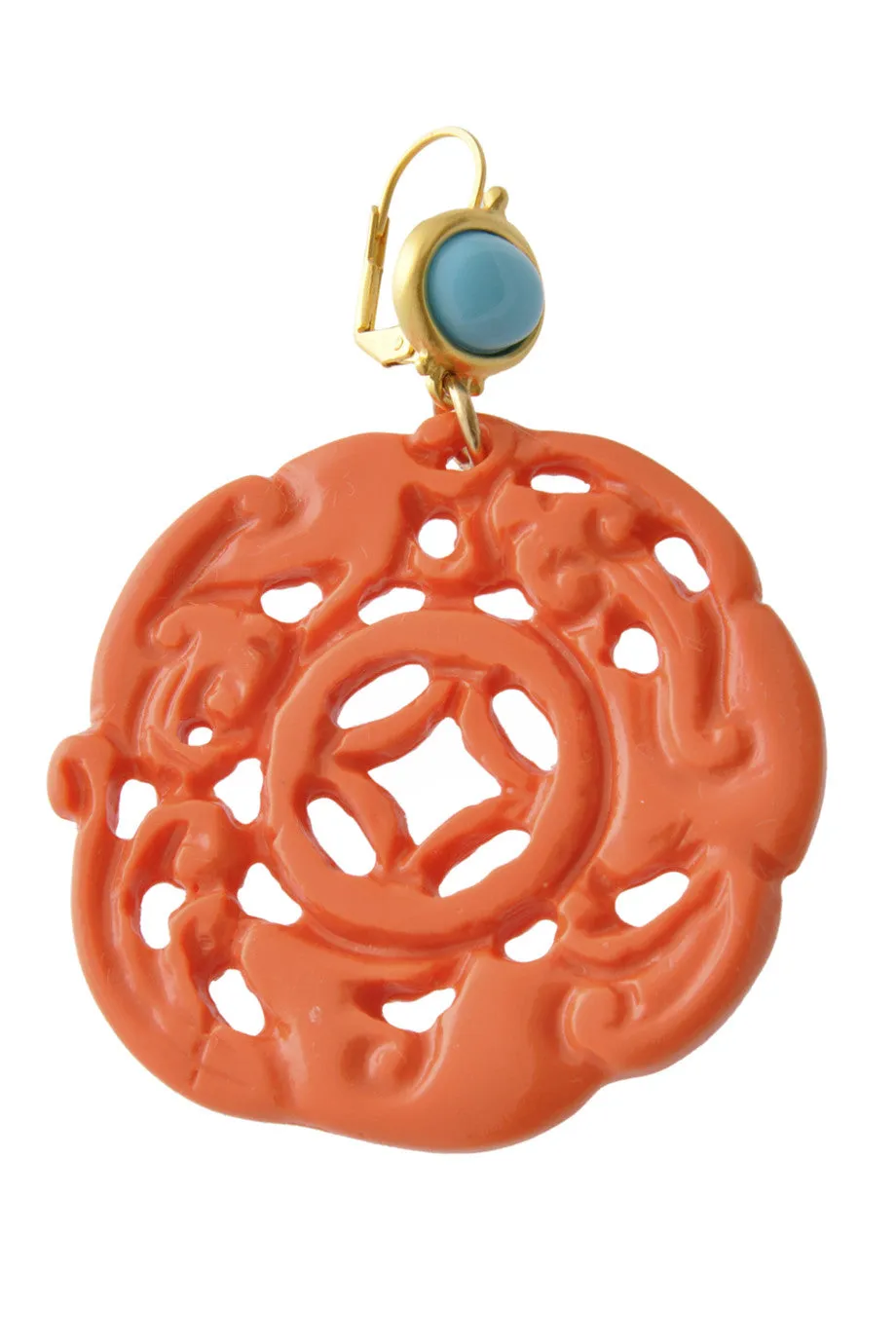 KENNETH JAY LANE ROUND BALI Coral Carved Pierced Earrings