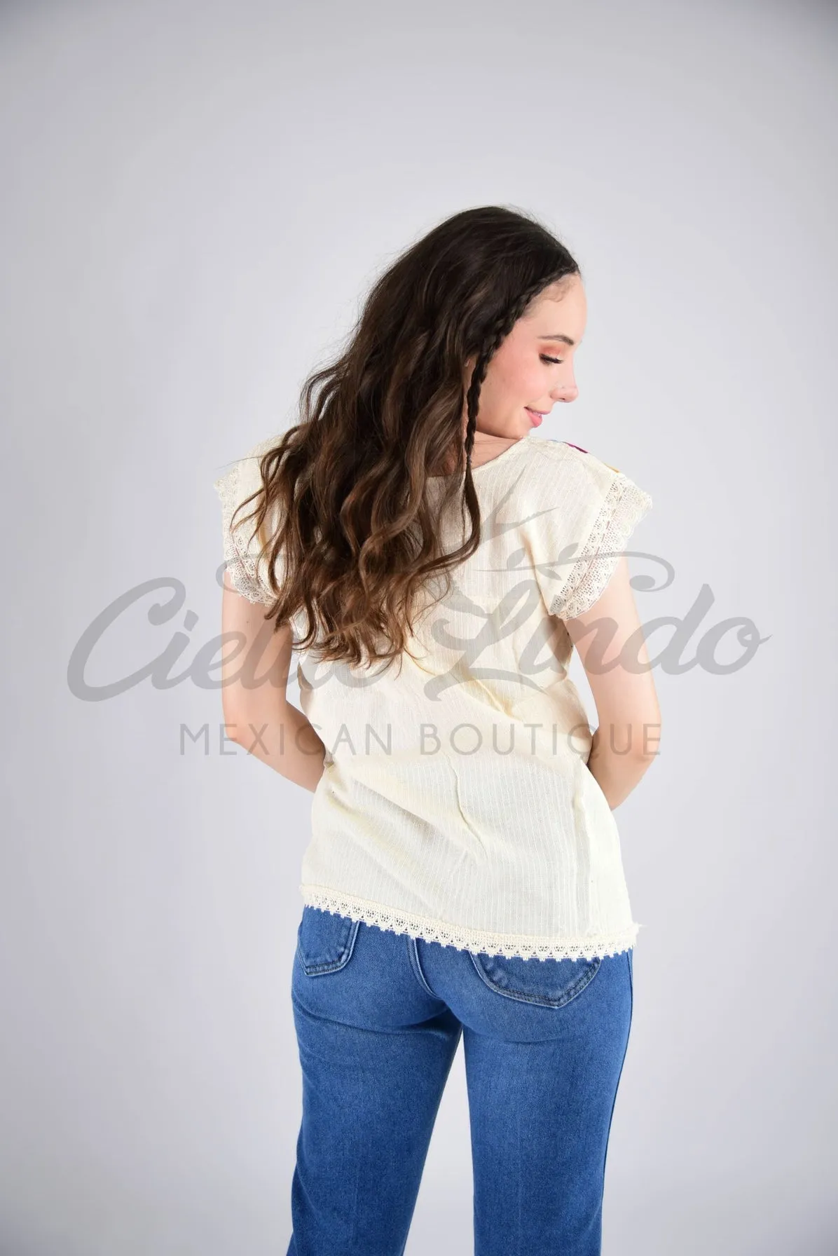 Oaxaca Paloma Blouse Cream and Blue