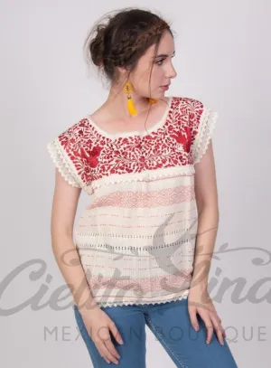 Oaxaca Paloma Blouse Cream with Red