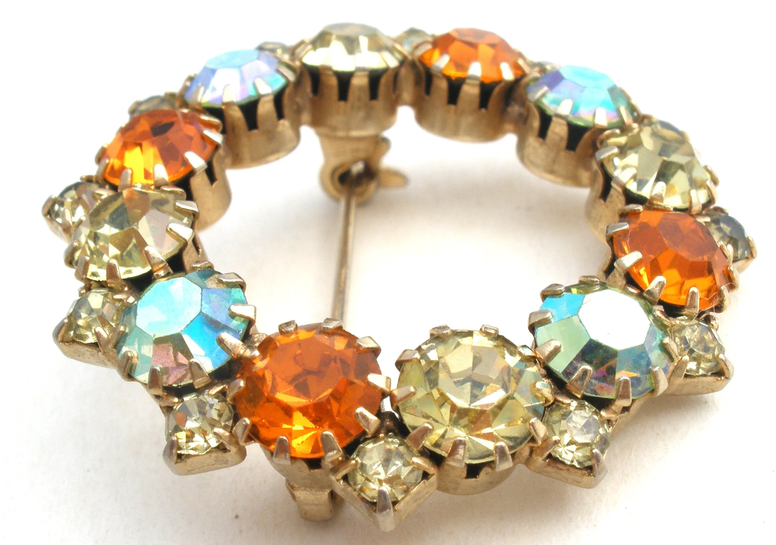 Orange & Gold Rhinestone Wreath Brooch Vintage