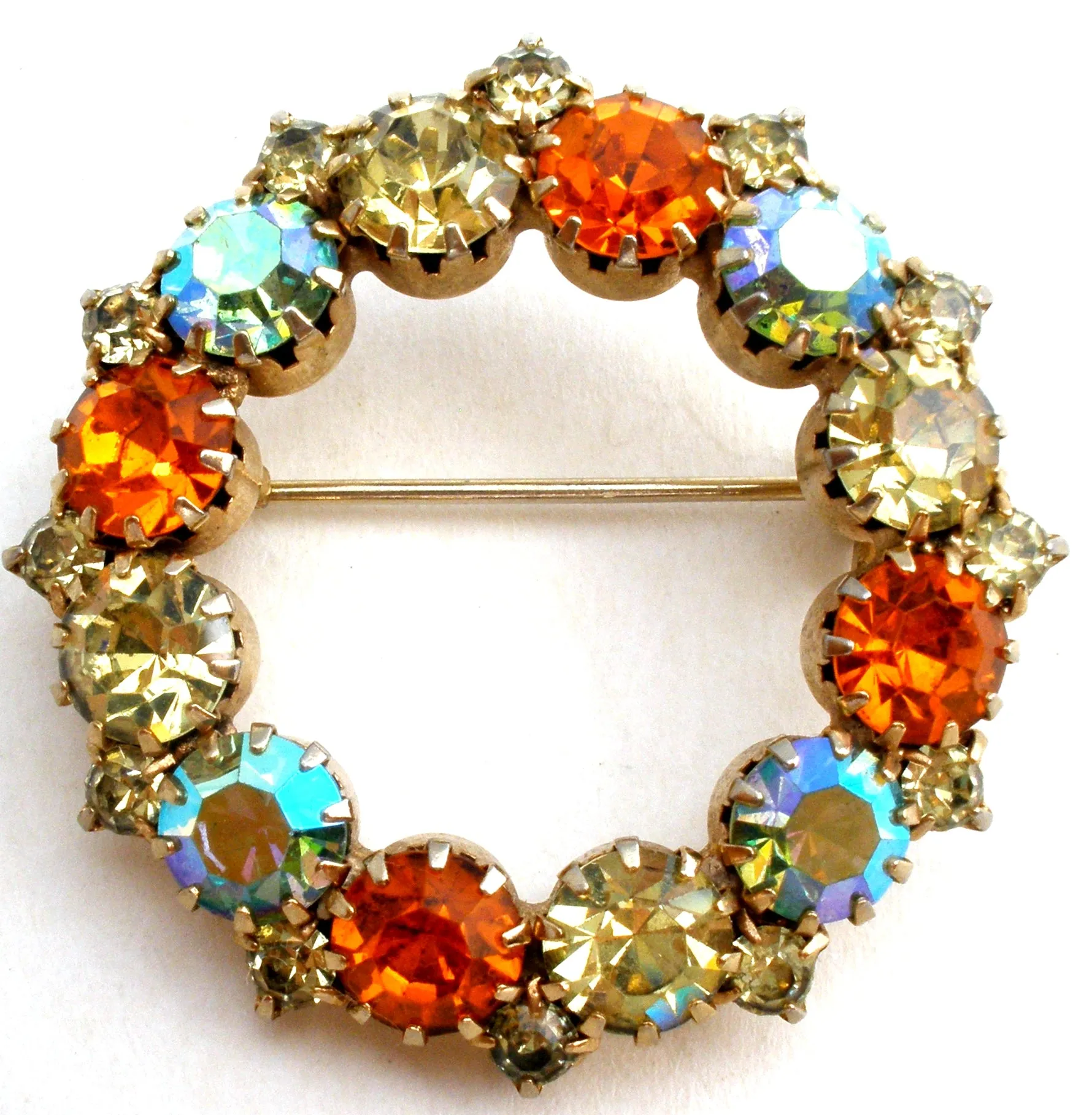 Orange & Gold Rhinestone Wreath Brooch Vintage