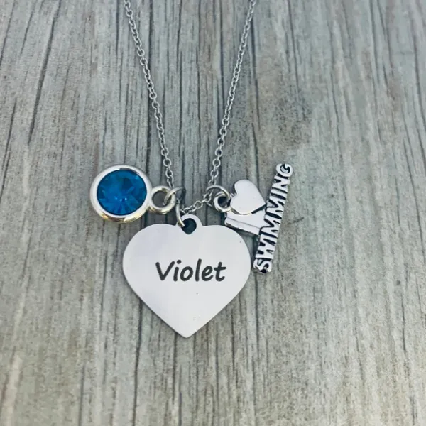 Personalized Girls Swim Necklace with Birthstone Charm