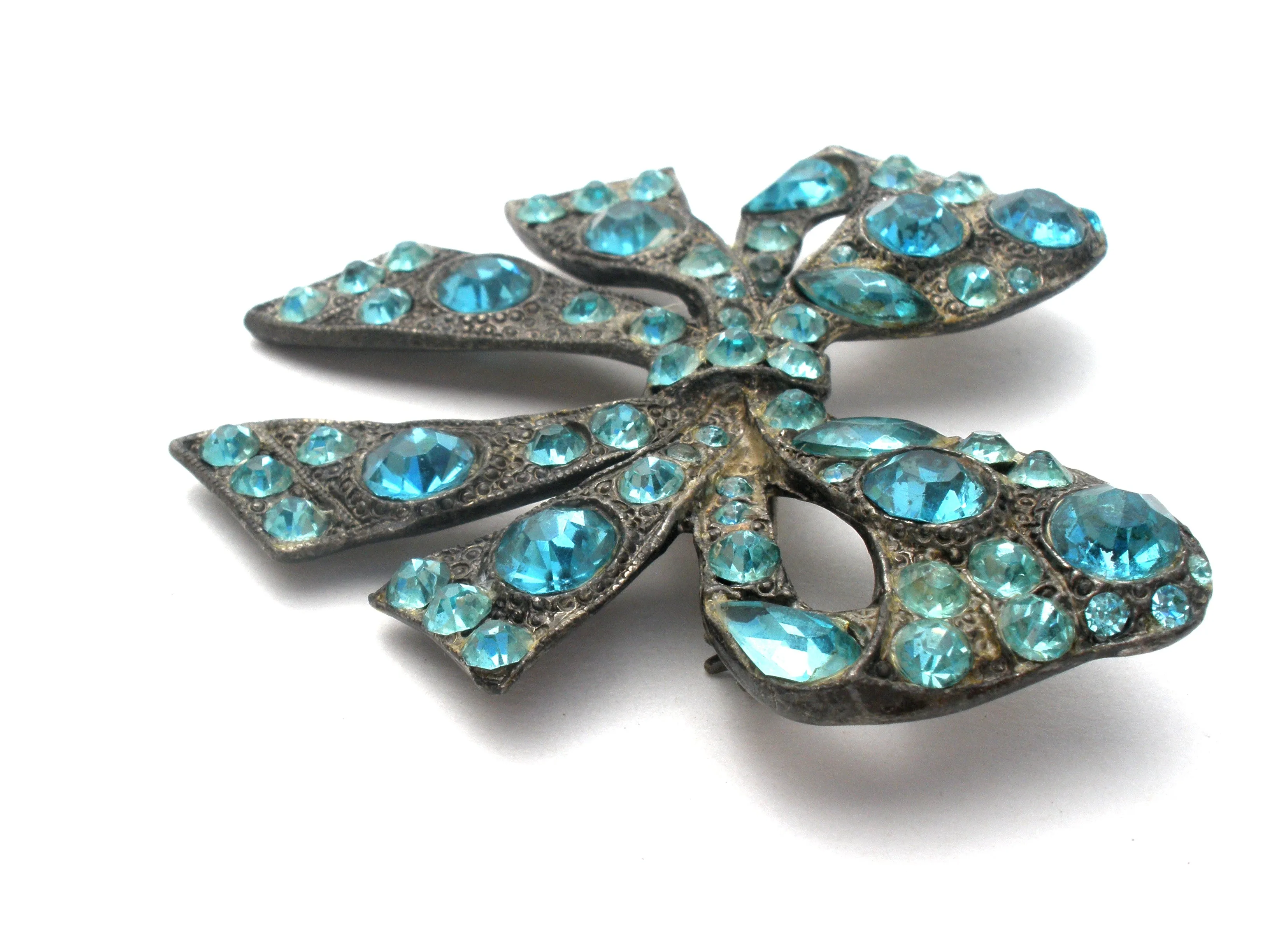 Pot Metal Blue Rhinestone Brooch Pin Vintage