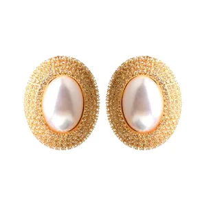 Pre Order:  Rhinestones Oval Faux Pearl Earrings