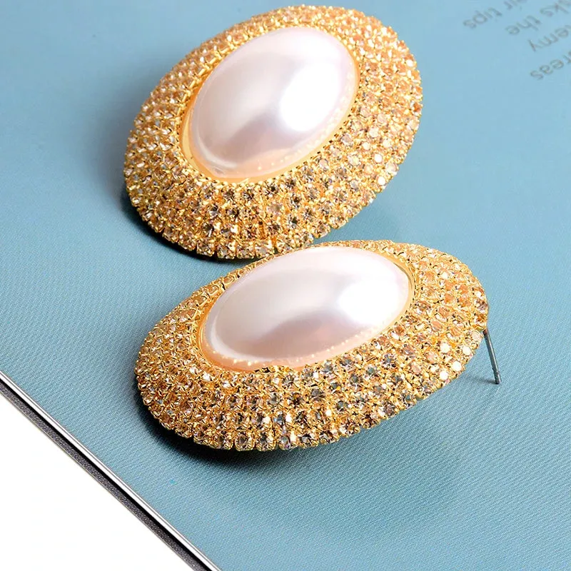 Pre Order:  Rhinestones Oval Faux Pearl Earrings