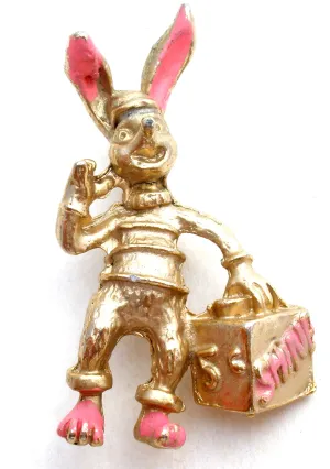 Rabbit Shoe Shine Pink Enamel Brooch Vintage