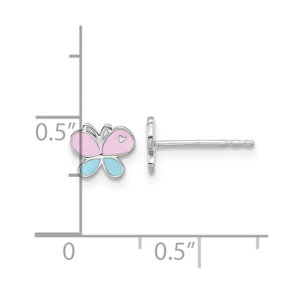 Rhodium-plated Sterling Silver Children's Enamel Butterfly Earrings