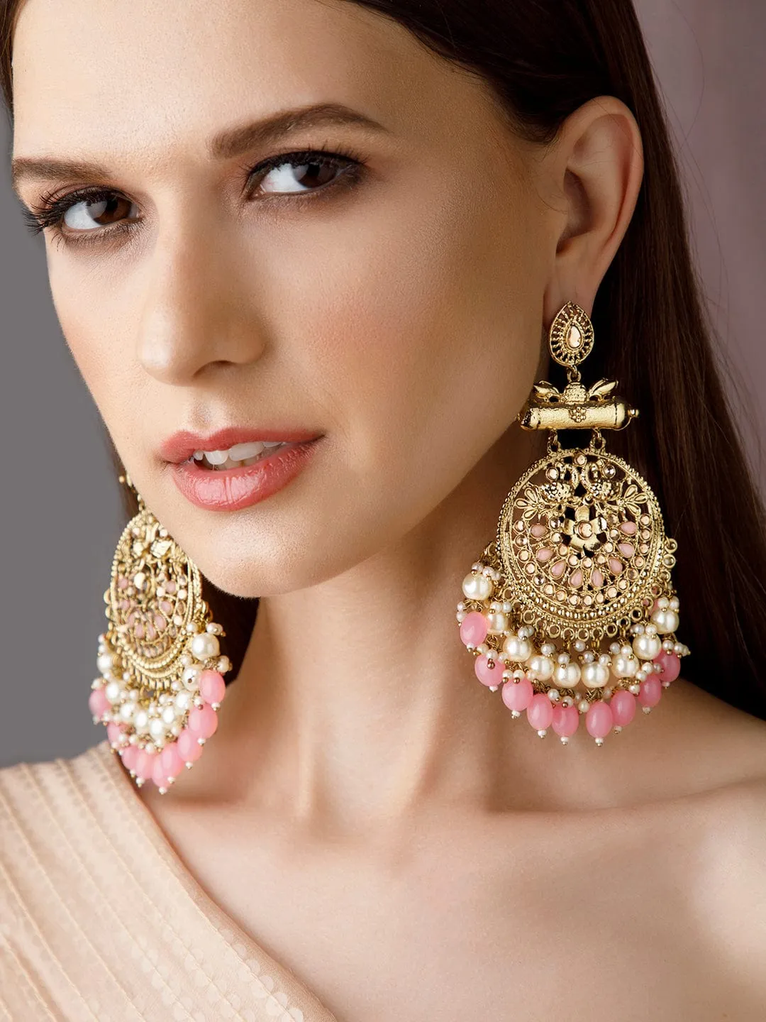 Rubans 22K Gold Plated Chandbali Earrings With Beautiful Beads And Pearls