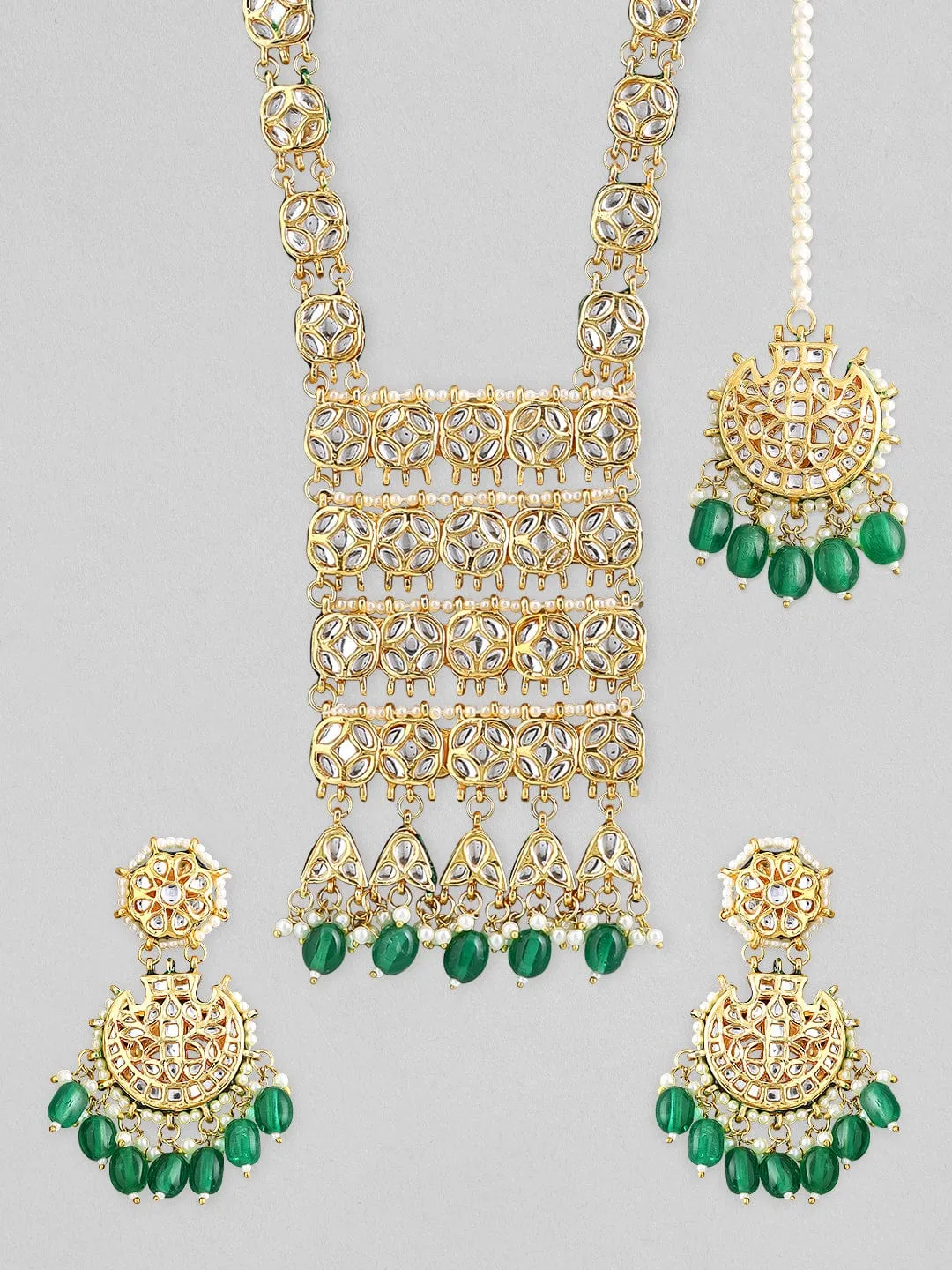 Rubans 22k gold plated necklace set with diamonds and green beads design.