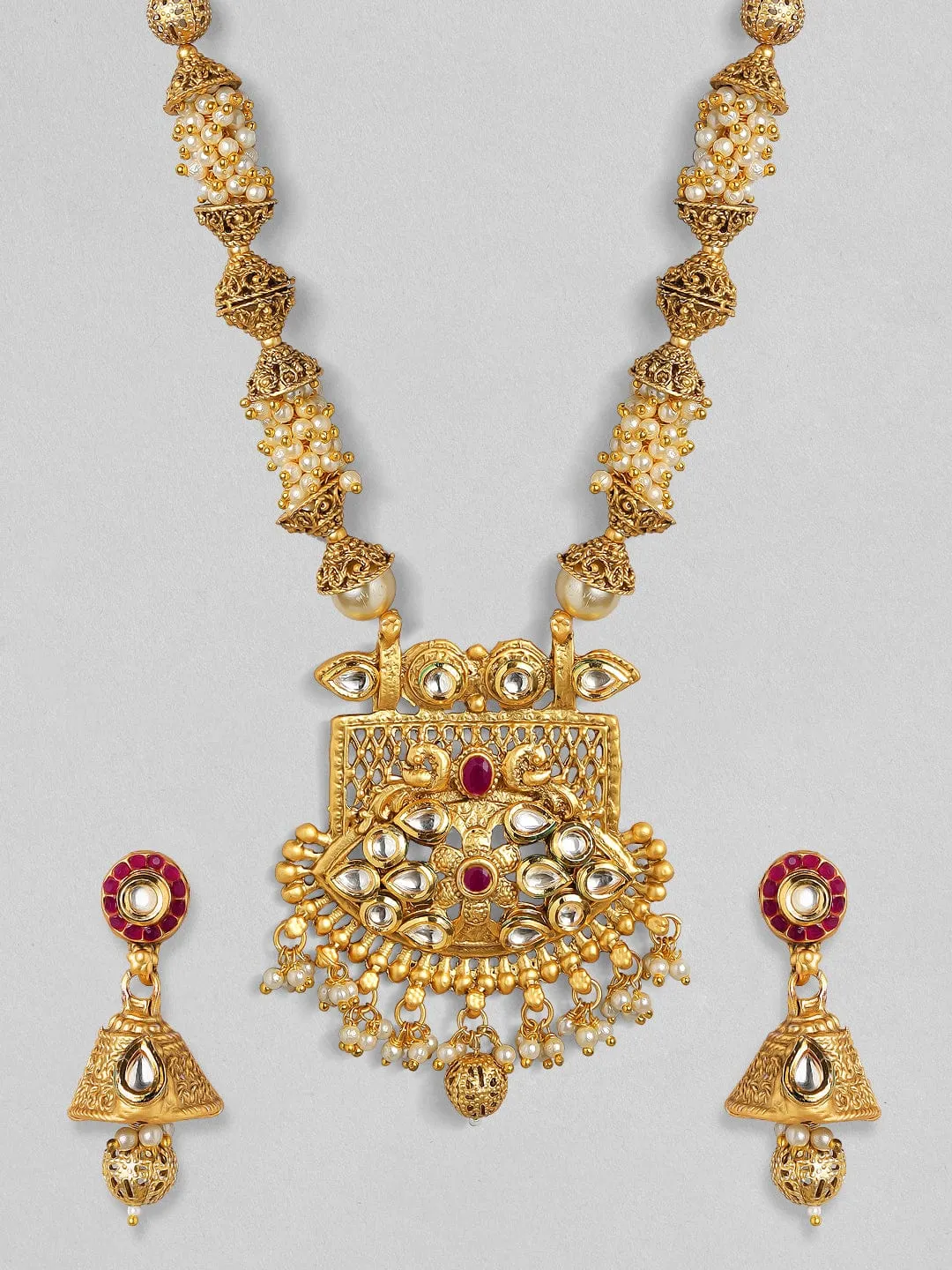 Rubans 24K Gold Plated Handcrafted White Kundan & Antique Gold Filigree Beads Necklace Set