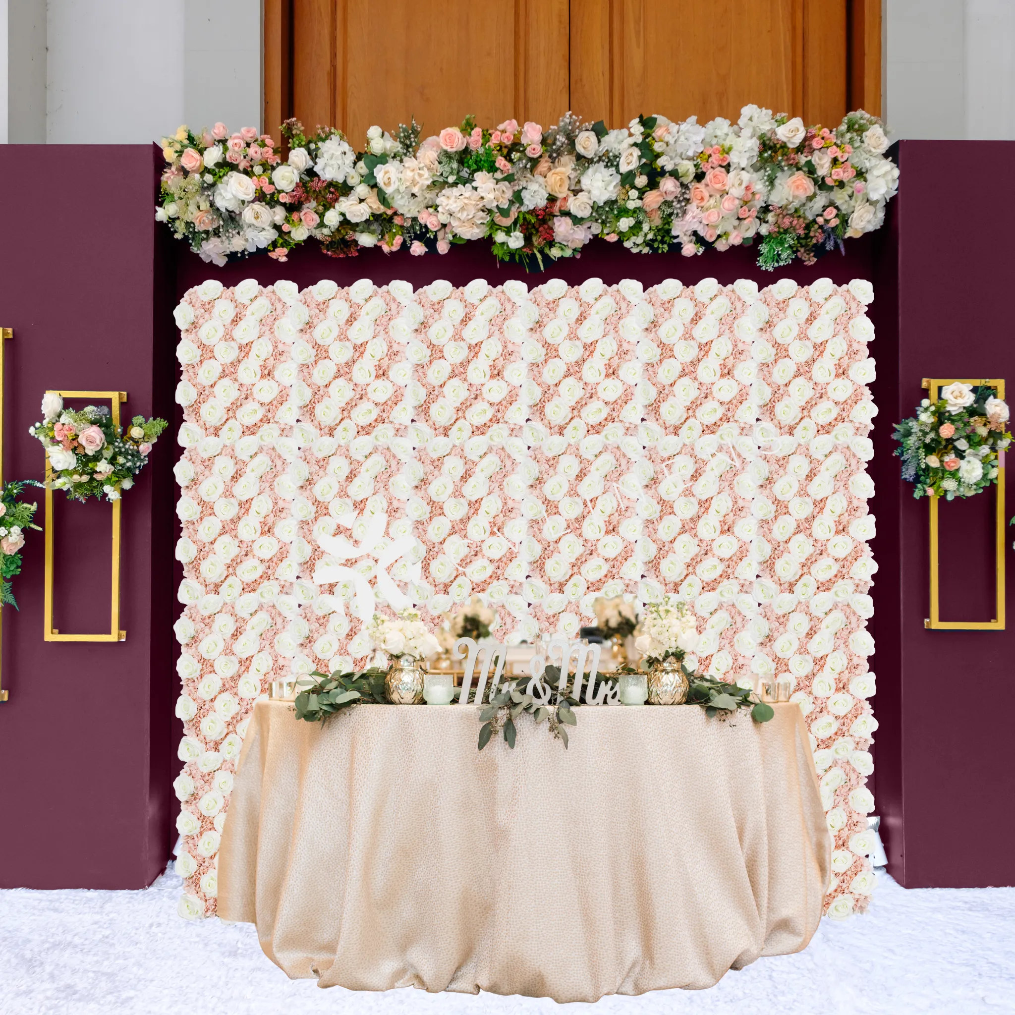 Silk Roses/Hydrangeas Flower Wall Backdrop Panel - Cream