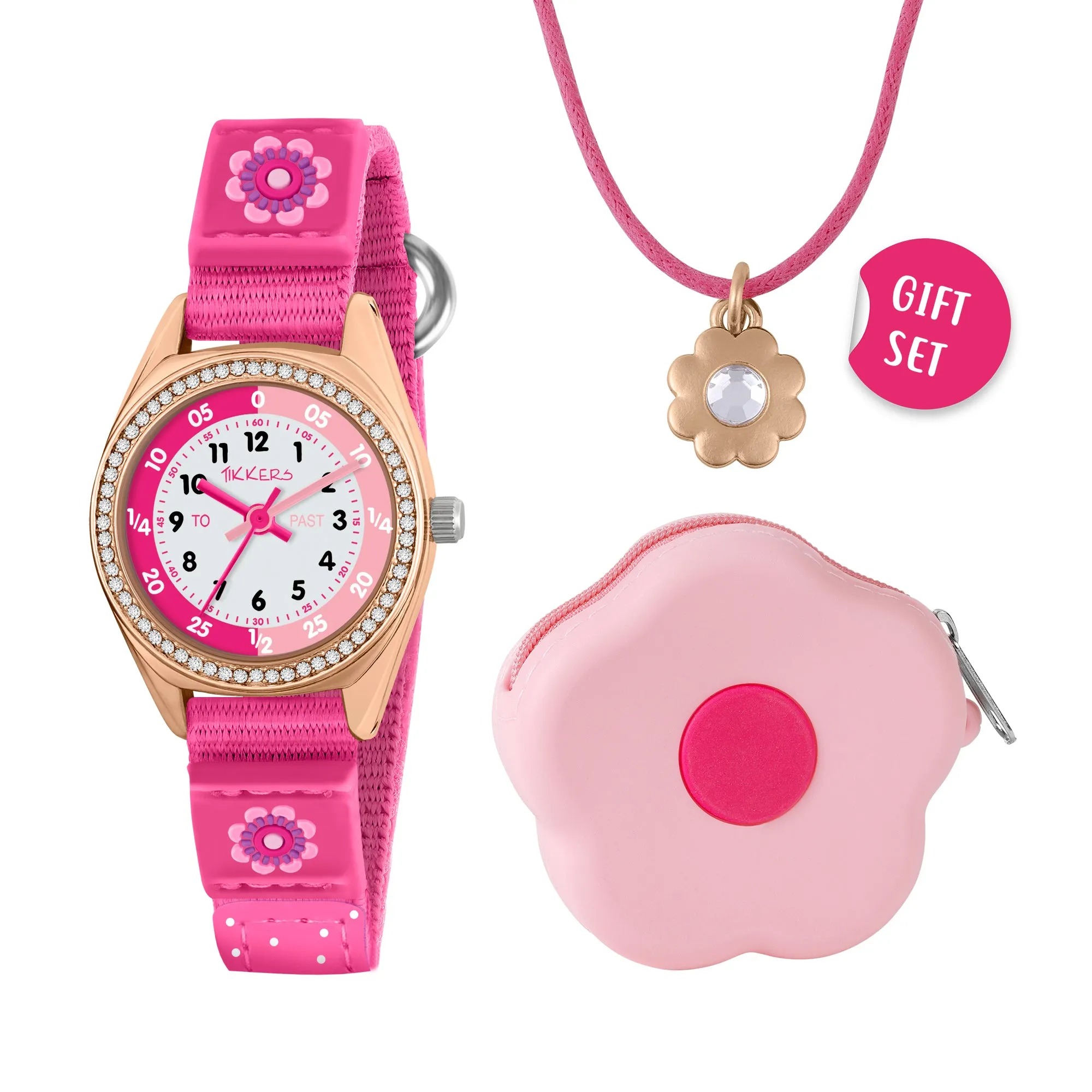 Tikkers Pink Flower Watch, Necklace and Purse Gift Set