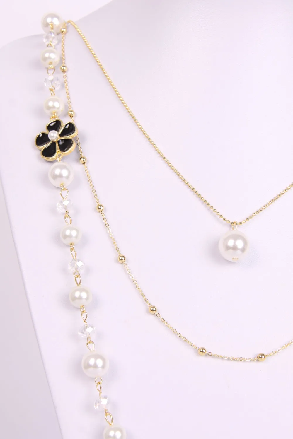 Trendy Pearl and Jewel Flower Layered Long Necklace