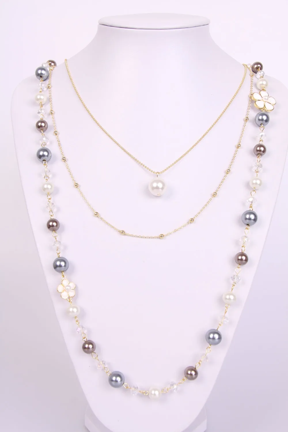 Trendy Pearl and Jewel Flower Layered Long Necklace