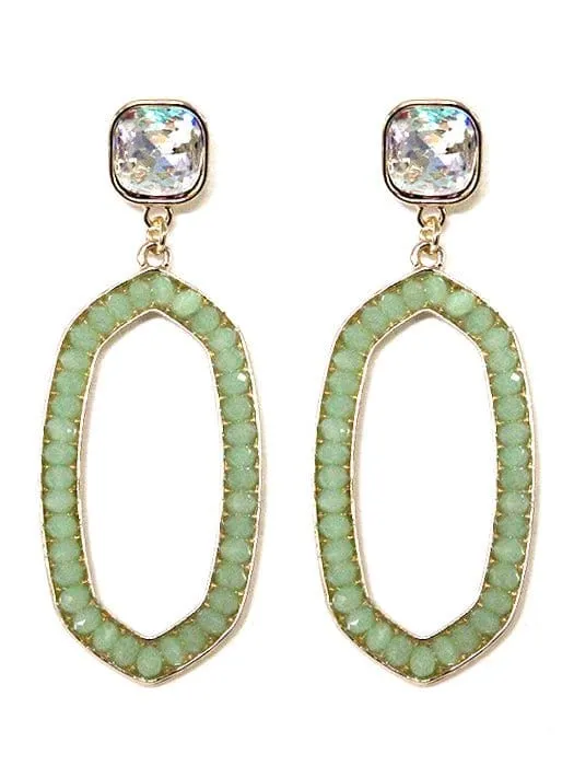 VE2763 Iridescent Post Gemstone Oval Dangle Earrings