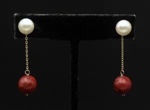 Vintage 14K Gold Red Coral and Cultured Pearl Earrings