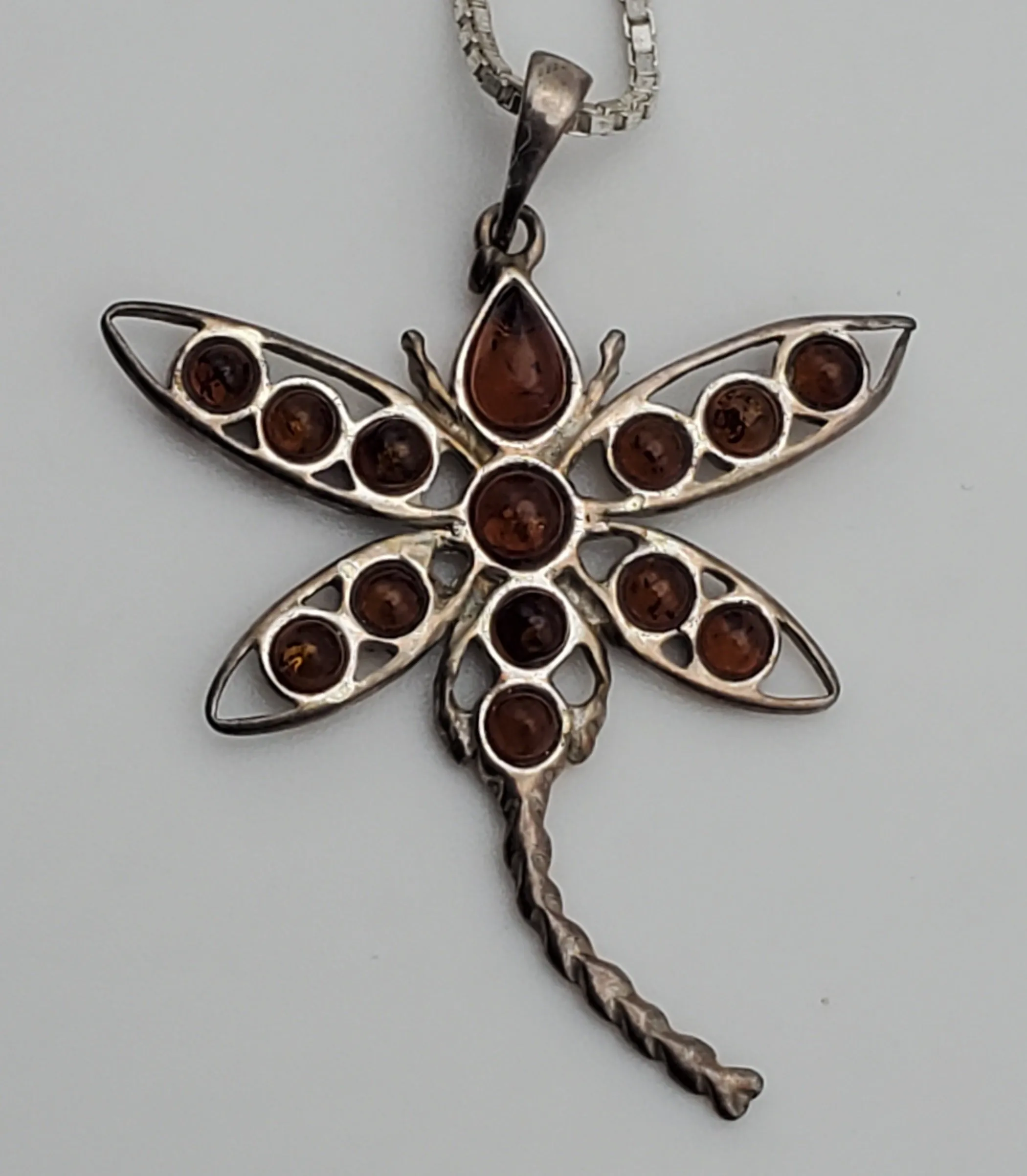 Vintage Amber Cabochon Dragonfly Sterling Silver Pendant on Sterling Silver Chain Necklace - 16"