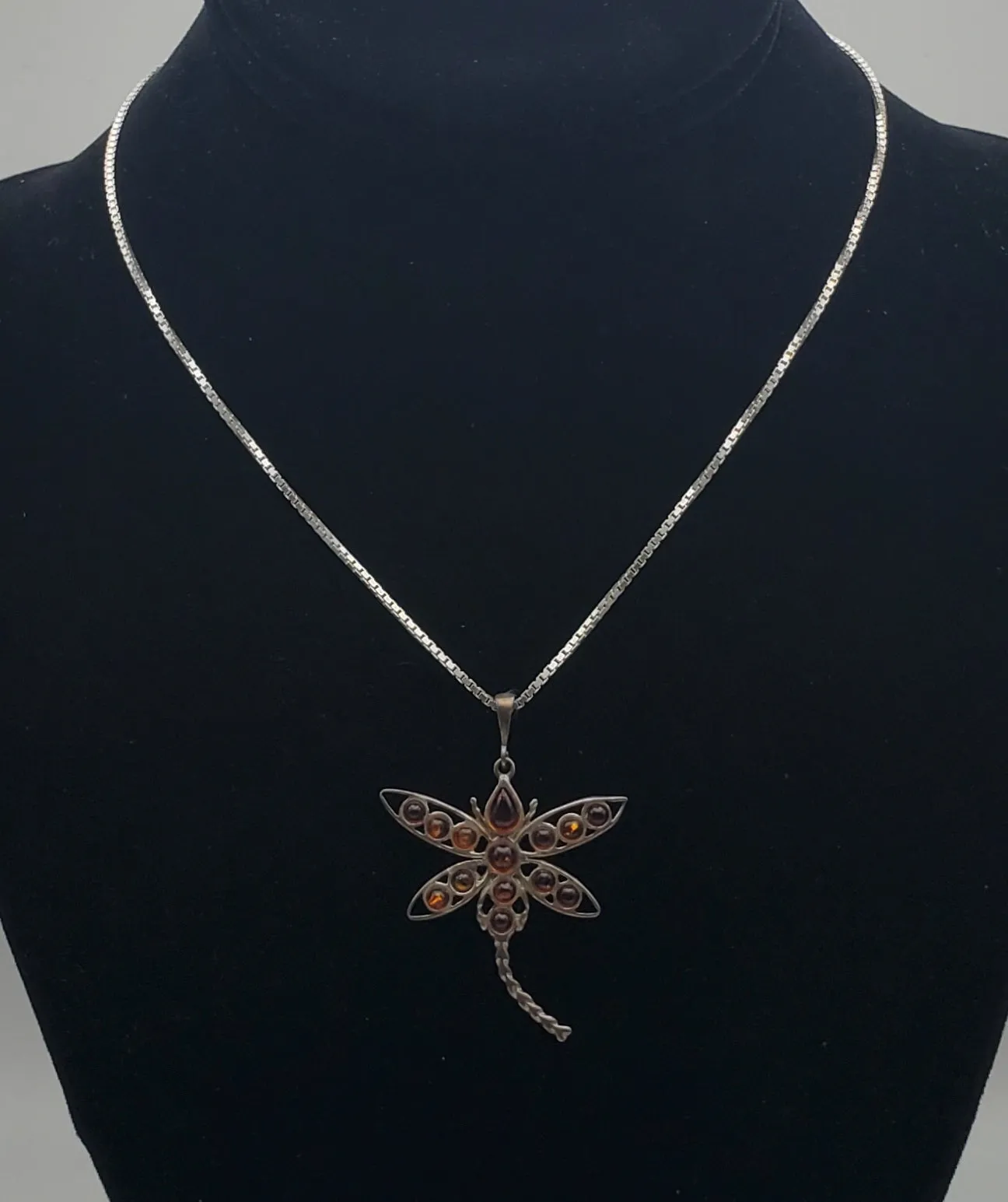 Vintage Amber Cabochon Dragonfly Sterling Silver Pendant on Sterling Silver Chain Necklace - 16"