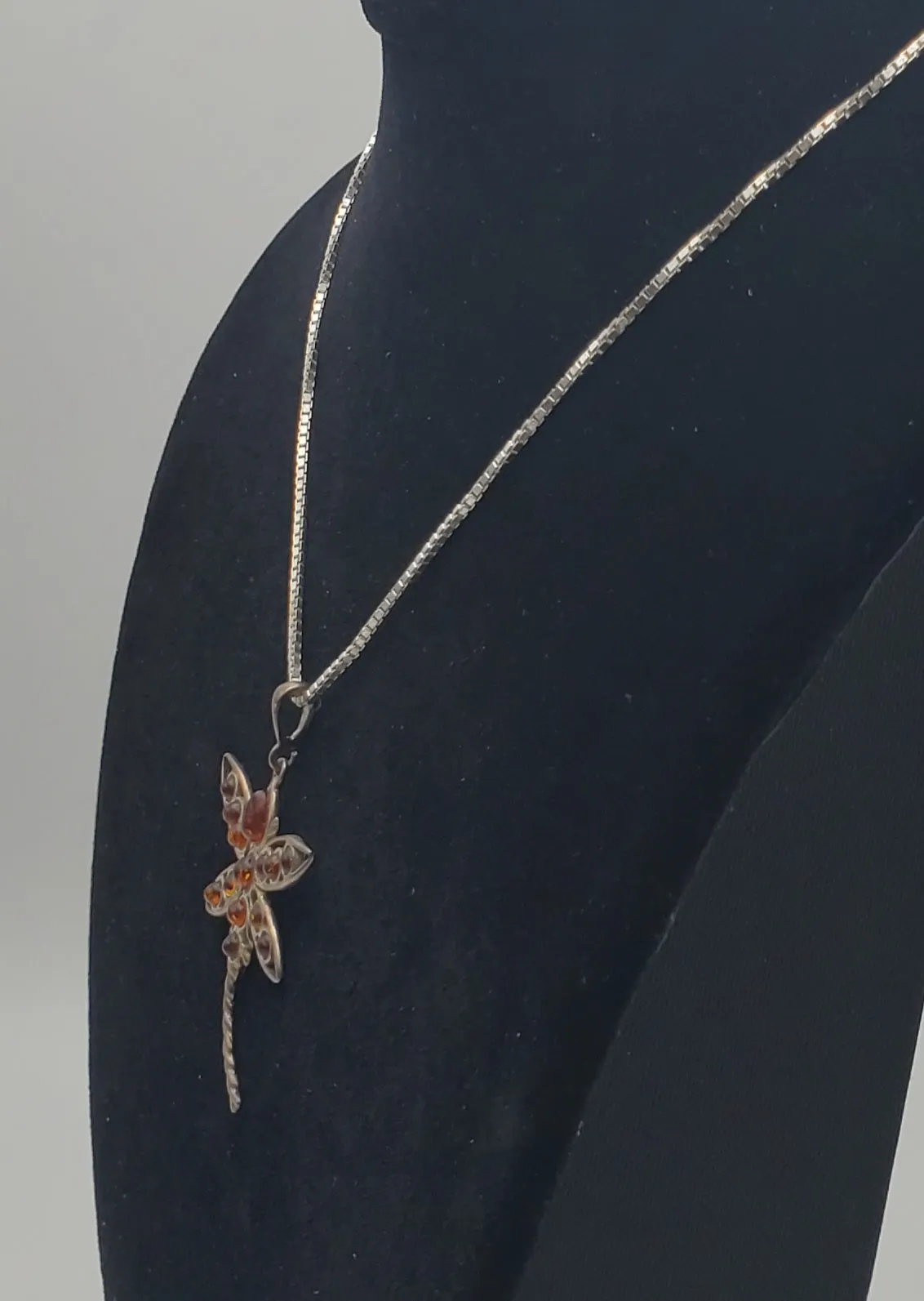 Vintage Amber Cabochon Dragonfly Sterling Silver Pendant on Sterling Silver Chain Necklace - 16"