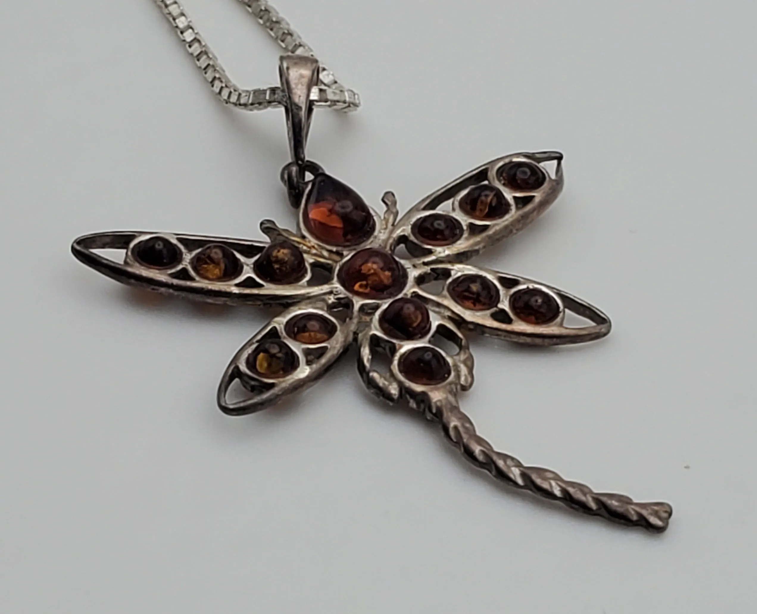 Vintage Amber Cabochon Dragonfly Sterling Silver Pendant on Sterling Silver Chain Necklace - 16"