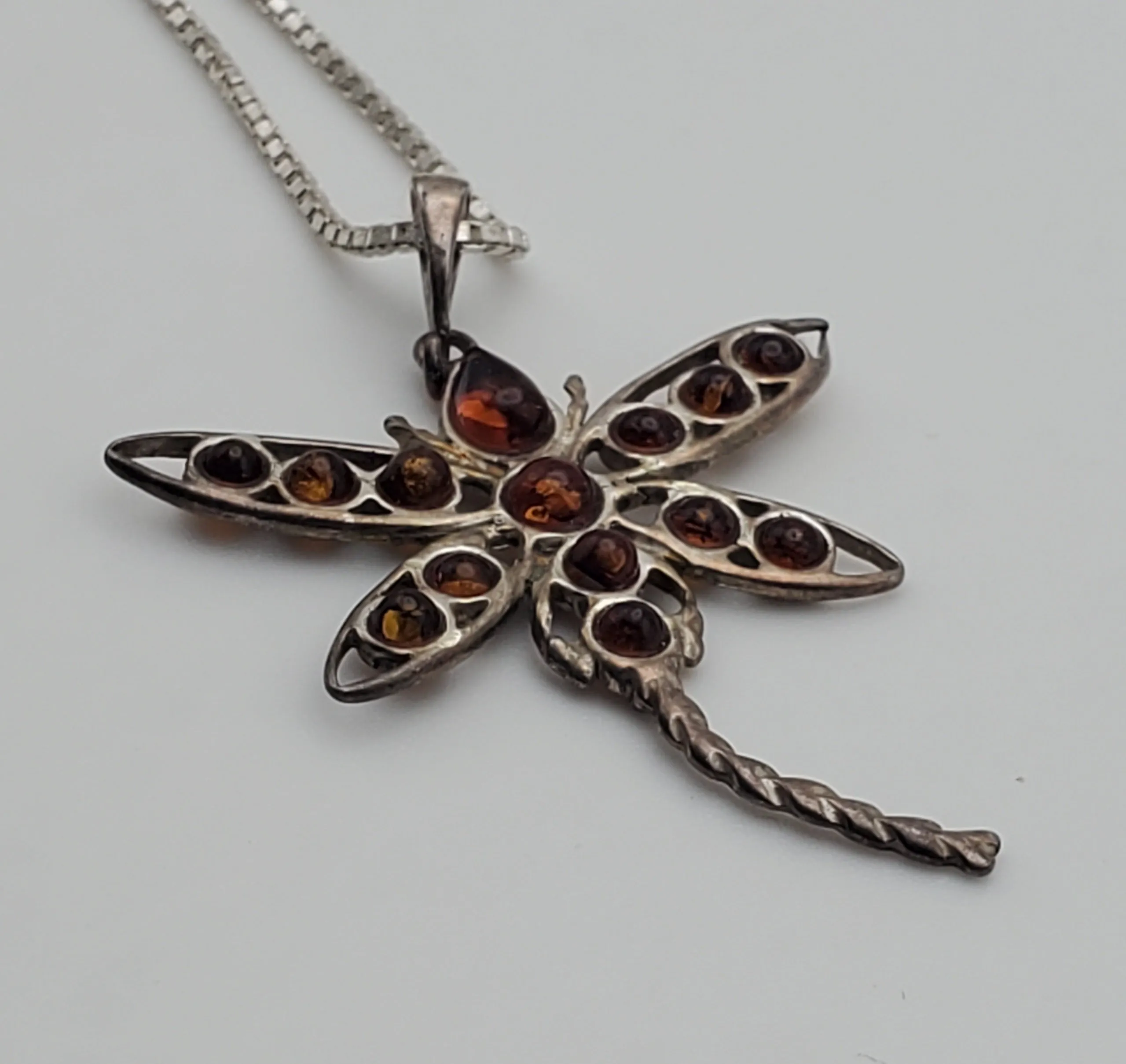 Vintage Amber Cabochon Dragonfly Sterling Silver Pendant on Sterling Silver Chain Necklace - 16"