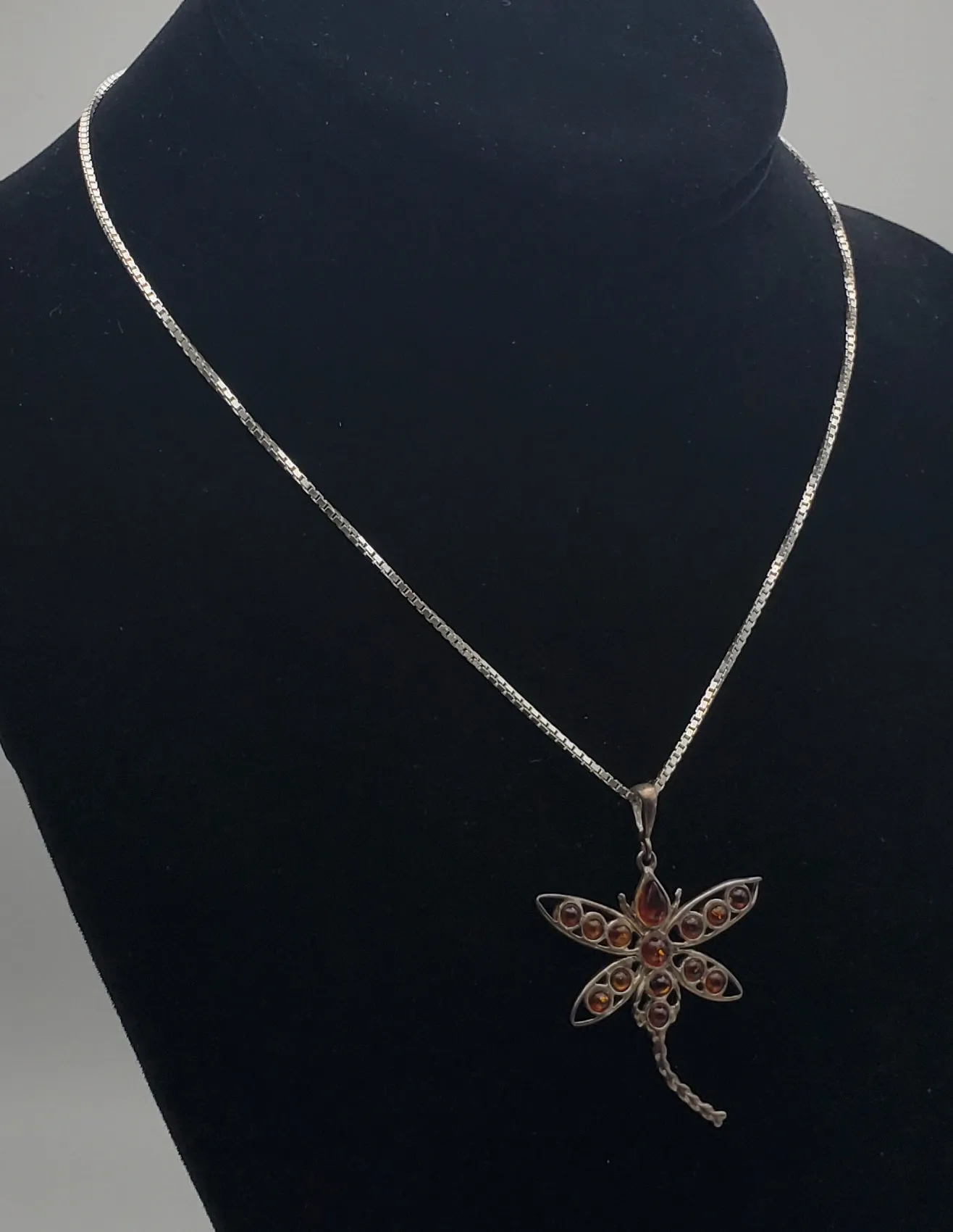 Vintage Amber Cabochon Dragonfly Sterling Silver Pendant on Sterling Silver Chain Necklace - 16"