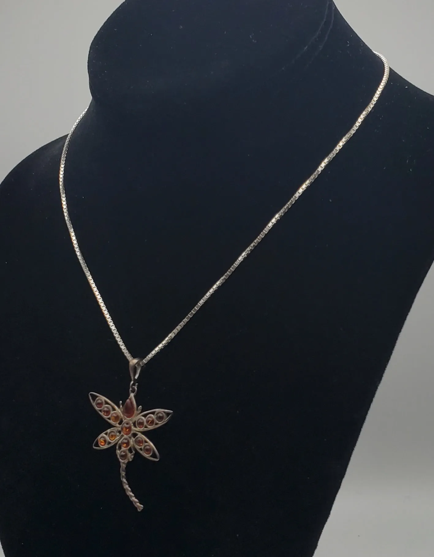 Vintage Amber Cabochon Dragonfly Sterling Silver Pendant on Sterling Silver Chain Necklace - 16"