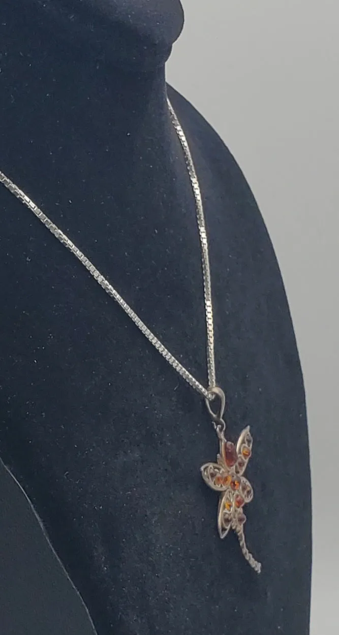 Vintage Amber Cabochon Dragonfly Sterling Silver Pendant on Sterling Silver Chain Necklace - 16"