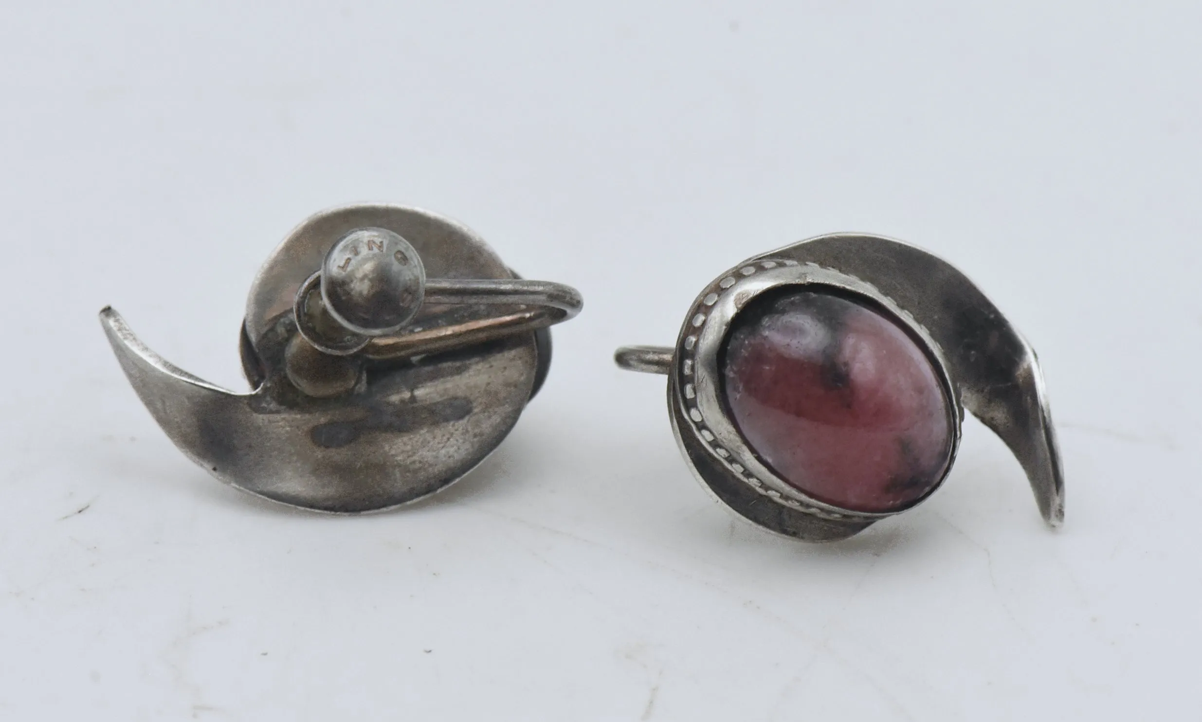 Vintage Handmade Rhodonite Sterling Silver Screw Back Earrings