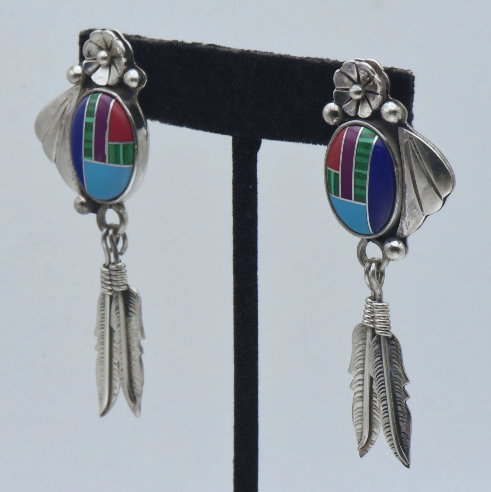 Vintage Handmade Sterling Silver Inlaid Dangle Earrings