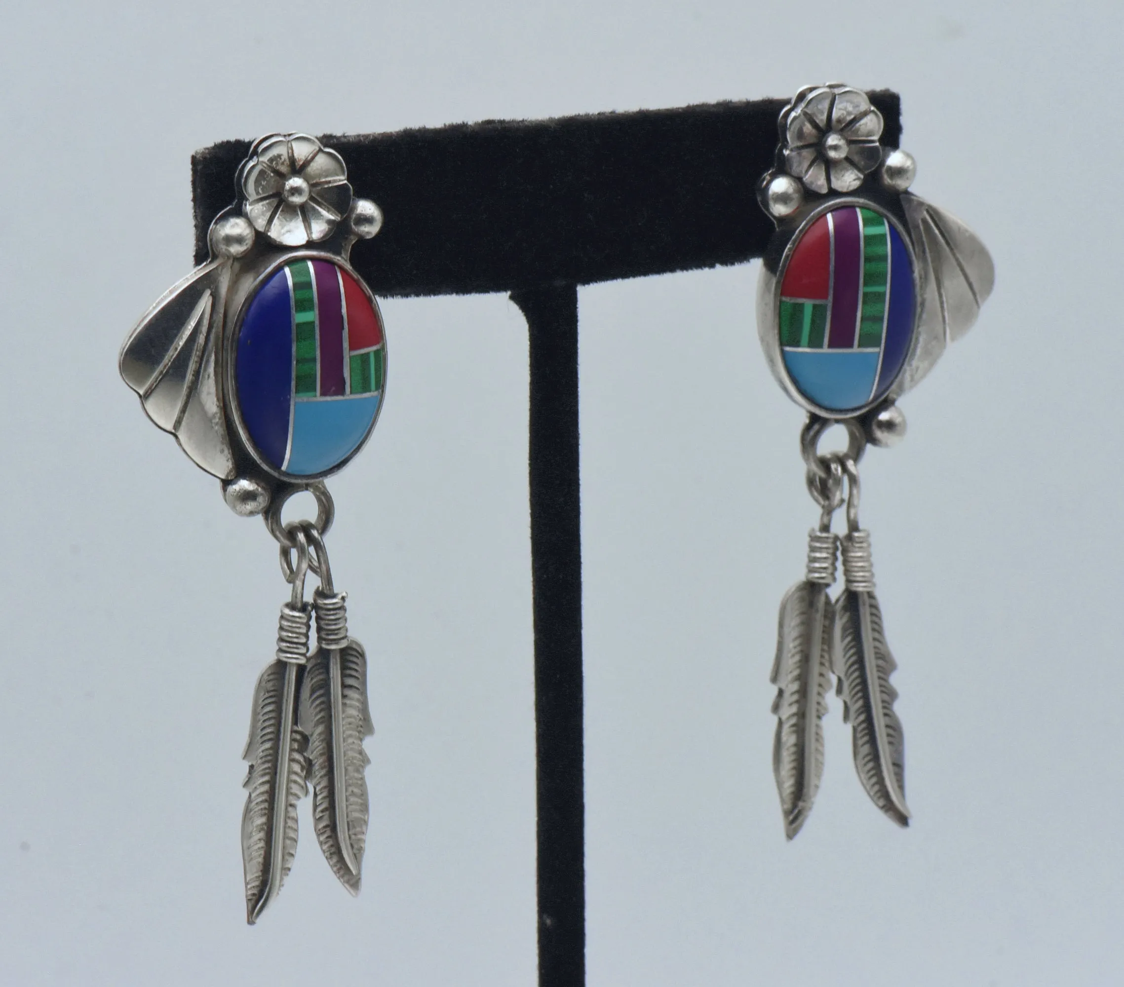 Vintage Handmade Sterling Silver Inlaid Dangle Earrings