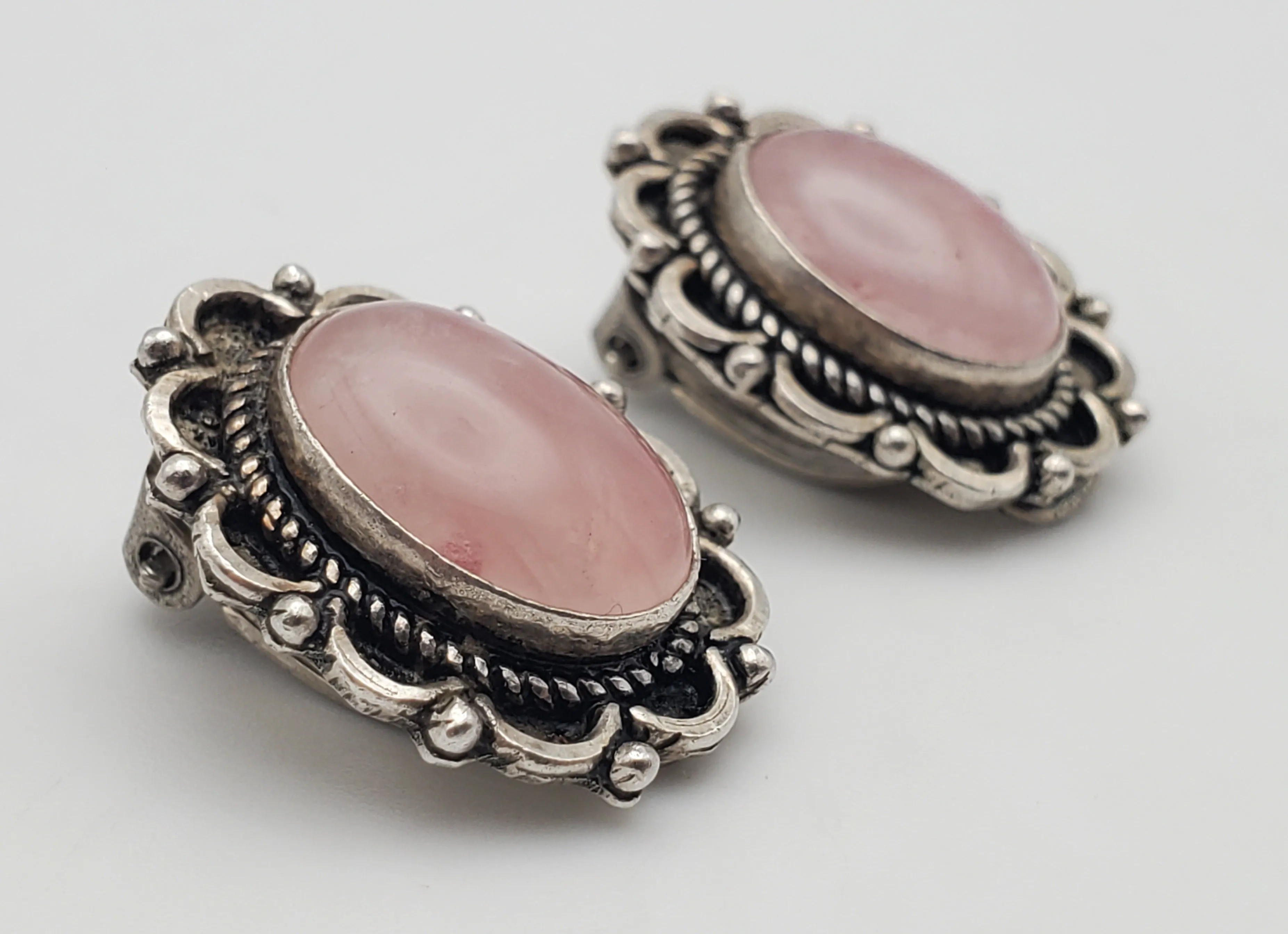 Vintage Rose Quartz Sterling Silver Clip-On Earrings