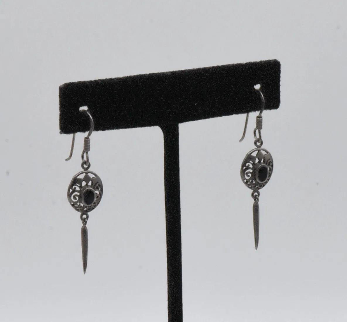 Vintage Sterling Silver Black Onyx Dangle Earrings